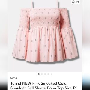 Torrid NWOT Pink Smocked Cold Shoulder Bell Sleeve Top Never Worn